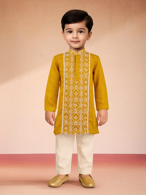 Boys Mustard Satin Kurta Pajama Set