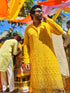 Men's Yellow Ombre Sequin Georgette Kurta with Cream Satin Pyjama