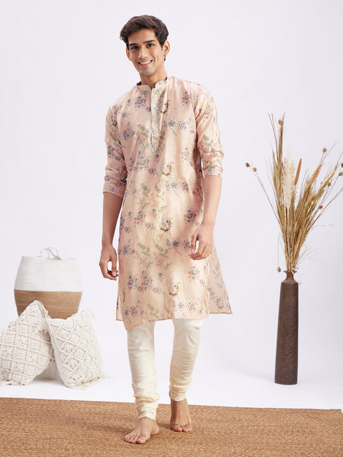 Men's Pink Floral Printed Silk Blend Kurta Pyjama Set