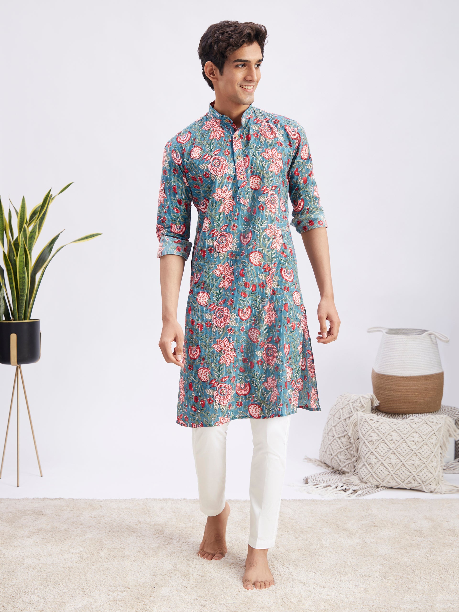 Men's Blue And Red Floral Printed Cotton Kurta With White Pant Set