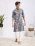 Men's Blue And Red Floral Printed Cotton Kurta With White Pant Set