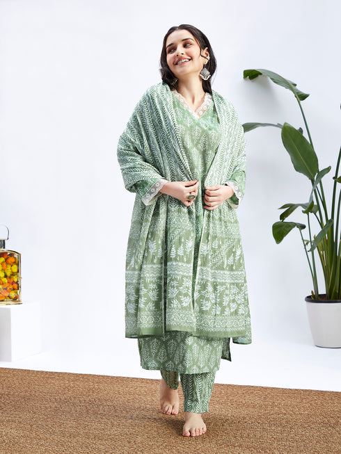 Women's Green Cotton Kurta Set With Matching Dupatta
