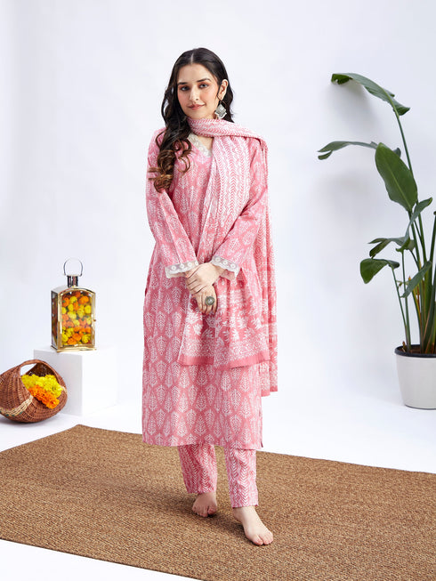 Women's Pink Cotton Kurta Set With Matching Dupatta