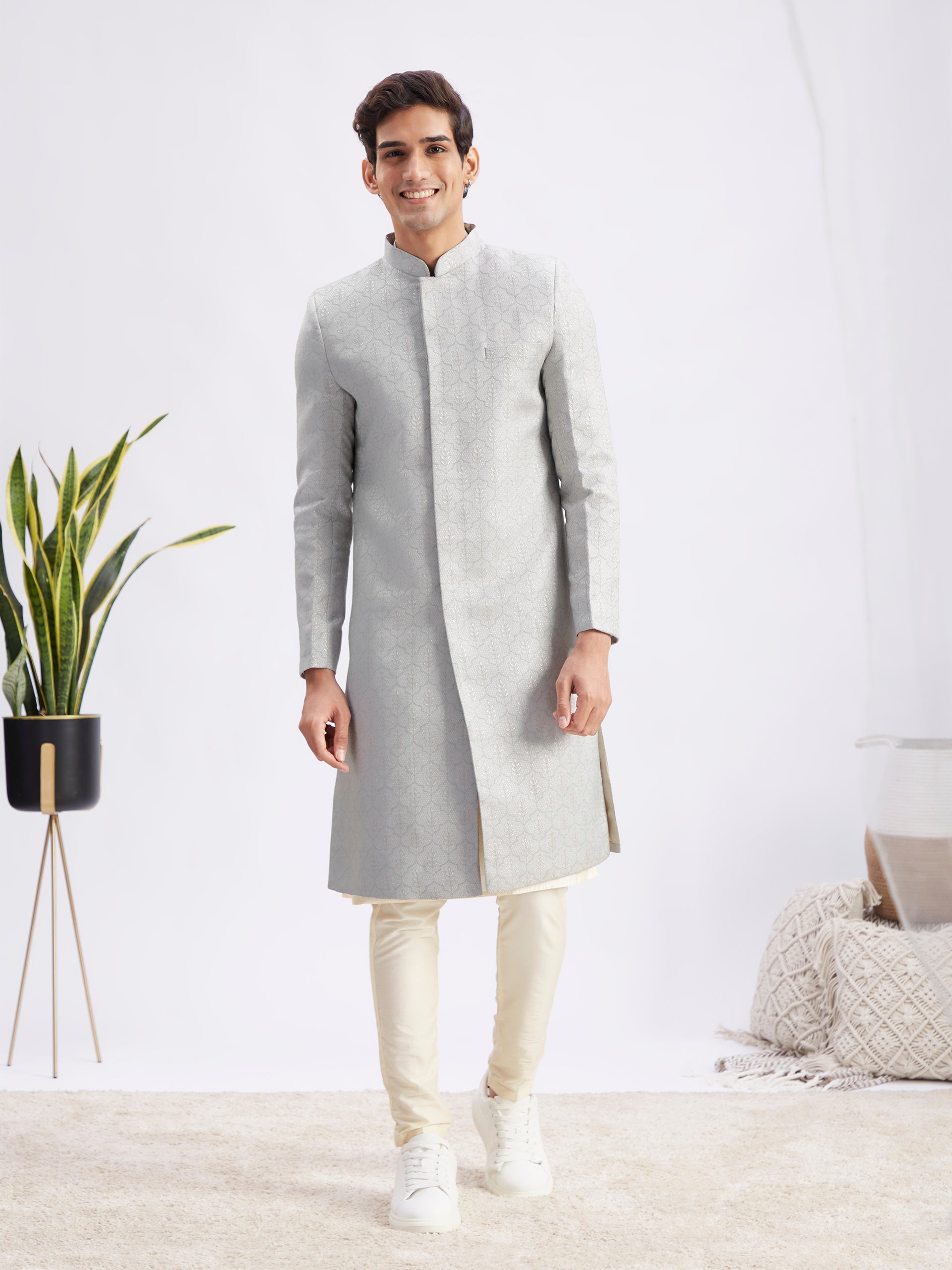 Men's Grey Jaccard Sherwani With Cream Kurta Pant Set
