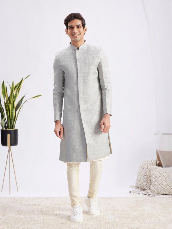 Men's Grey Jaccard Sherwani With Cream Kurta Pant Set