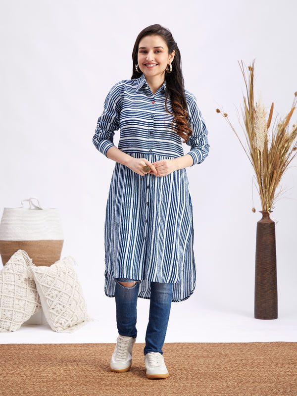 Women's Blue Striped Cotton Shirt Style Kurta