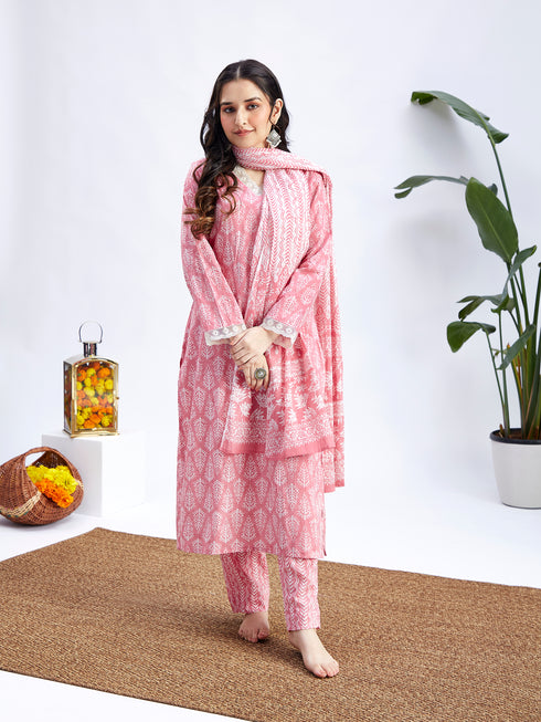 Women's Pink Cotton Kurta Set With Matching Dupatta