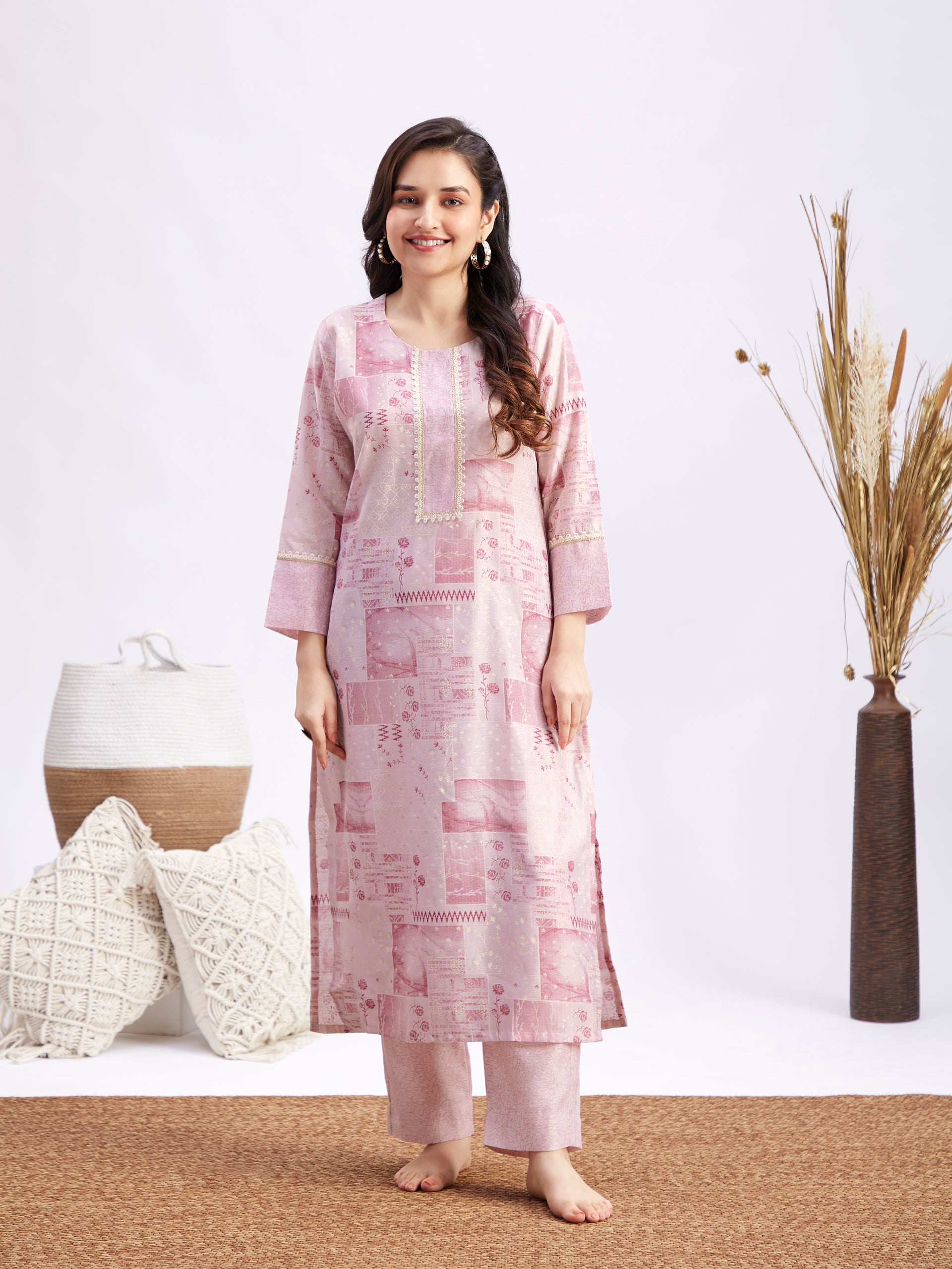 Women's Light Pink Printed Cotton Kurta Pant Set