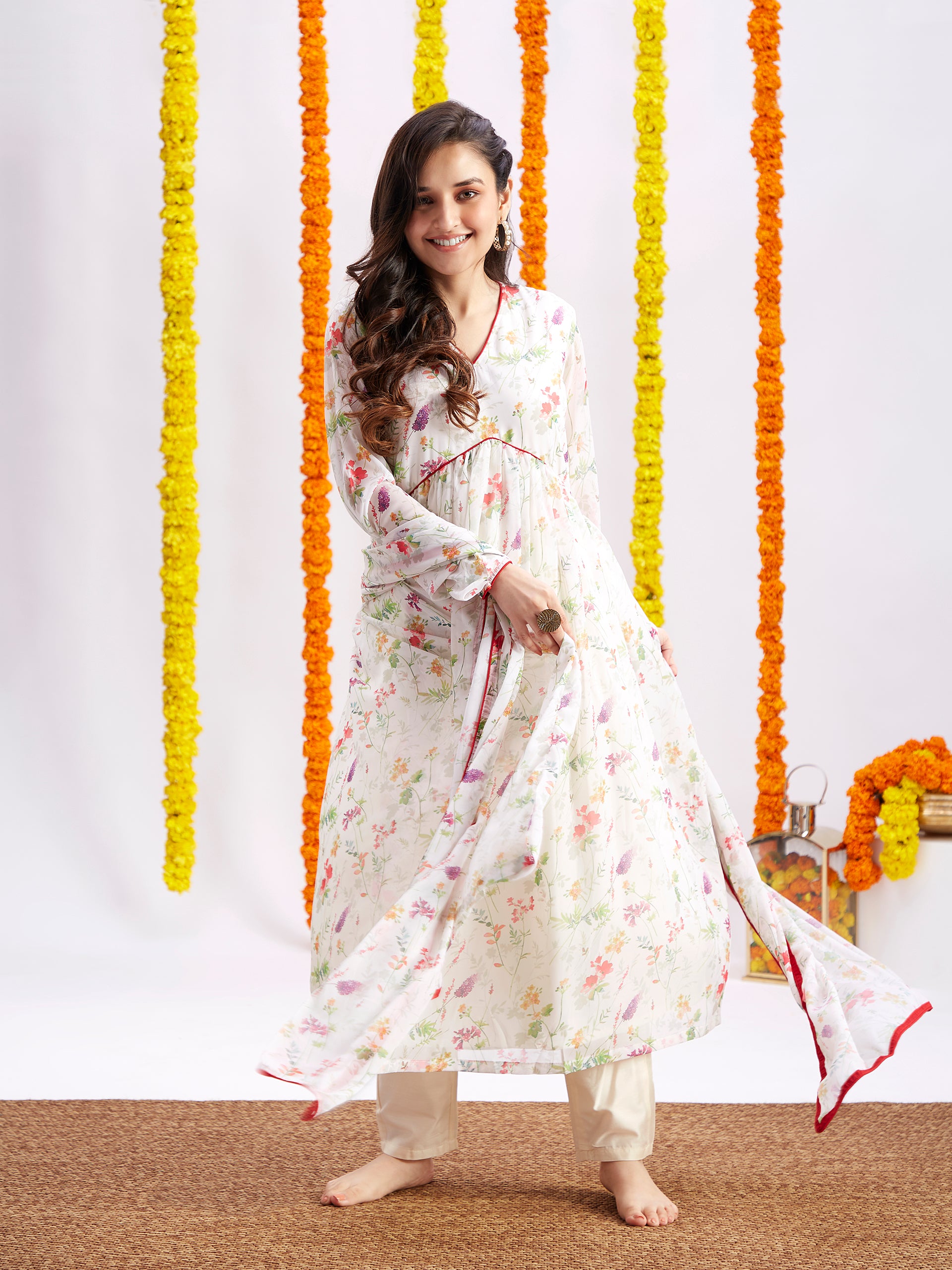 Women's Printed Georgette Anarkali Kurta Set With Dupatta