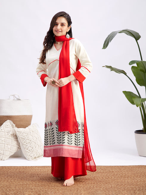 Women's Cotton Jacquard Kurta Palazzo And Dupatta Set