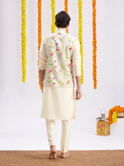 Cream Printed Nehru Jacket And Cream Solid Kurta With Pyjama Set