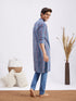 Men's Indigo Printed Cotton Kurta With White Pant Set