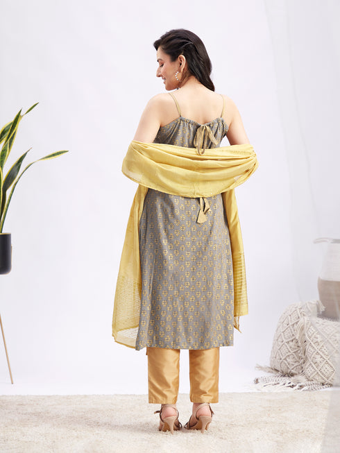 Women's Grey Foil Printed Rayon Kurta Set With Dupatta