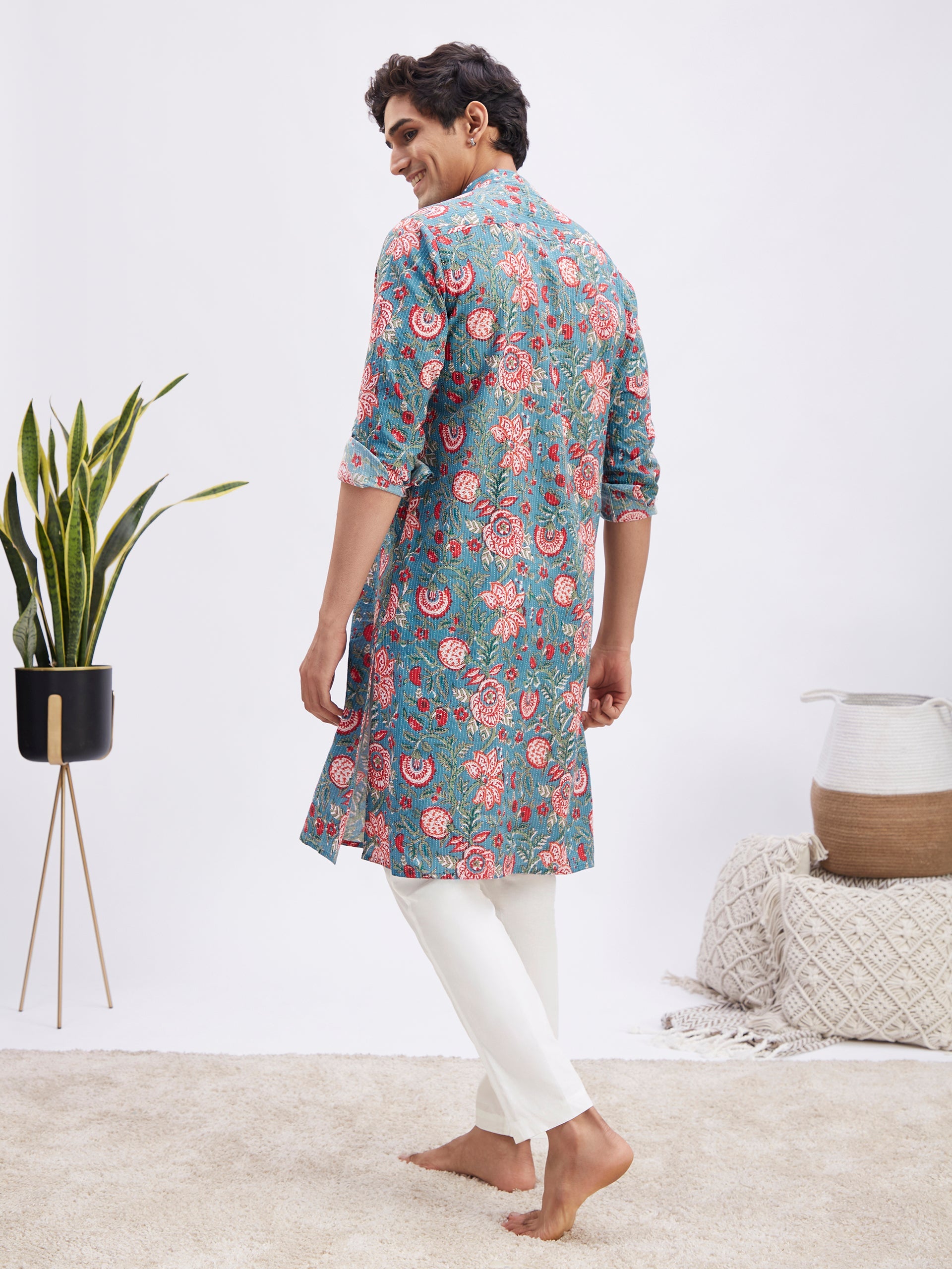 Men's Blue And Red Floral Printed Cotton Kurta With White Pant Set