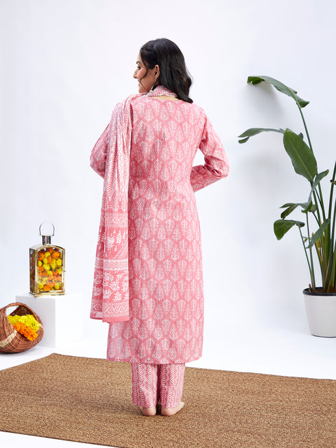 Women's Pink Cotton Kurta Set With Matching Dupatta