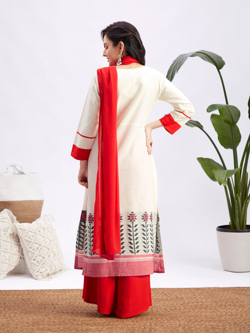 Women's Cotton Jacquard Kurta Palazzo And Dupatta Set