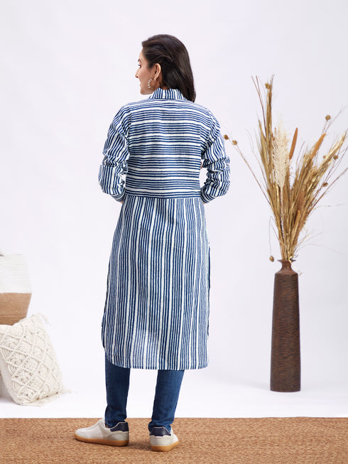 Women's Blue Striped Cotton Shirt Style Kurta
