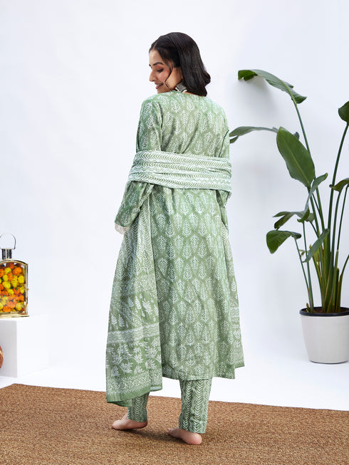 Women's Green Cotton Kurta Set With Matching Dupatta