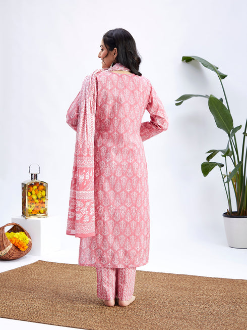 Women's Pink Cotton Kurta Set With Matching Dupatta