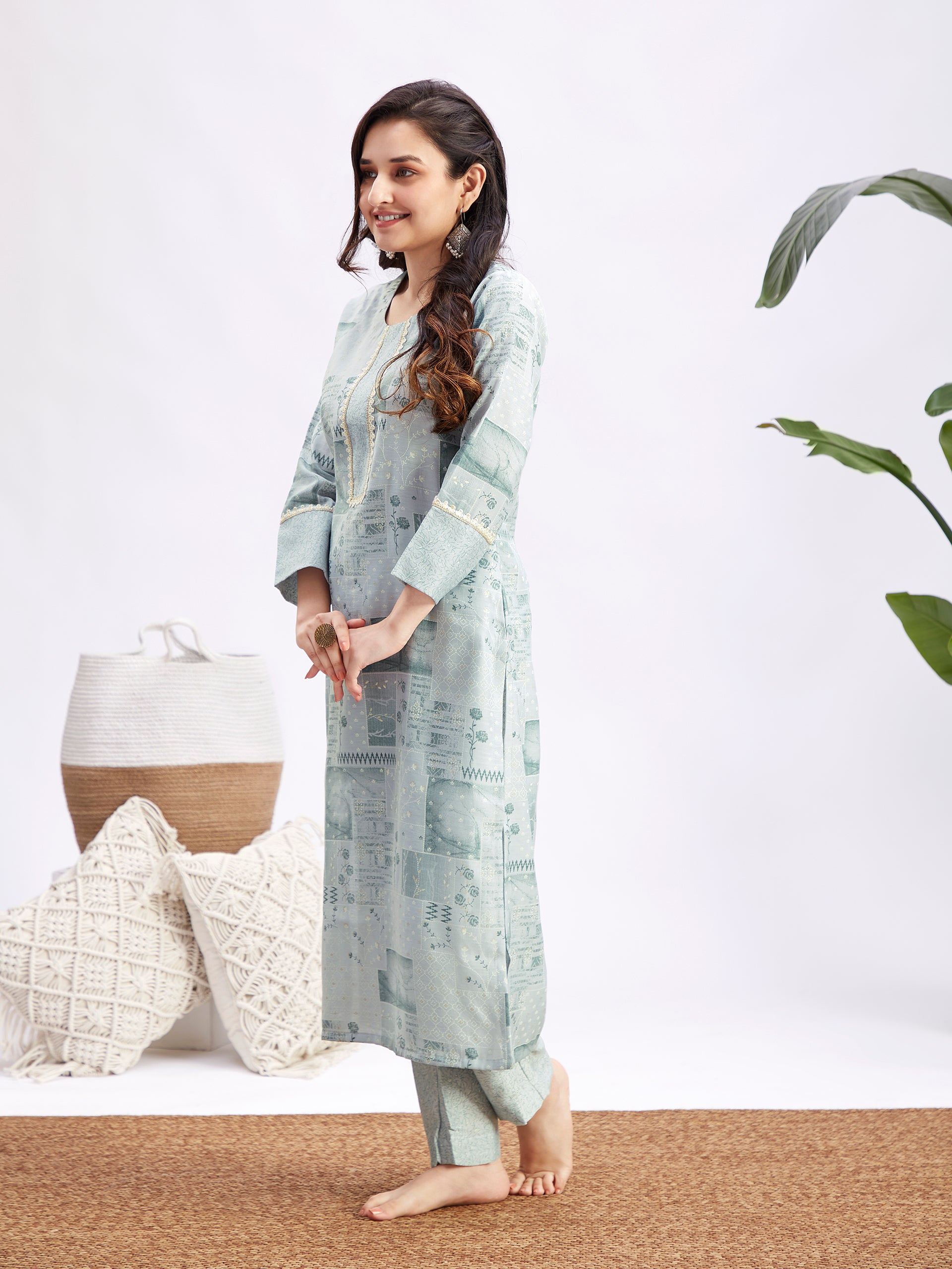 Women's Aqua Blue Printed Cotton Kurta Pant Set