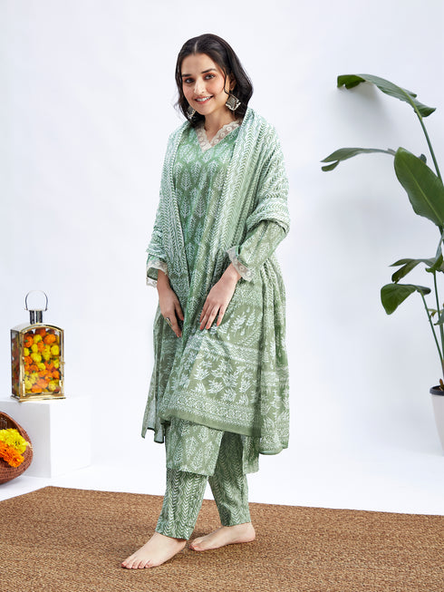 Women's Green Cotton Kurta Set With Matching Dupatta