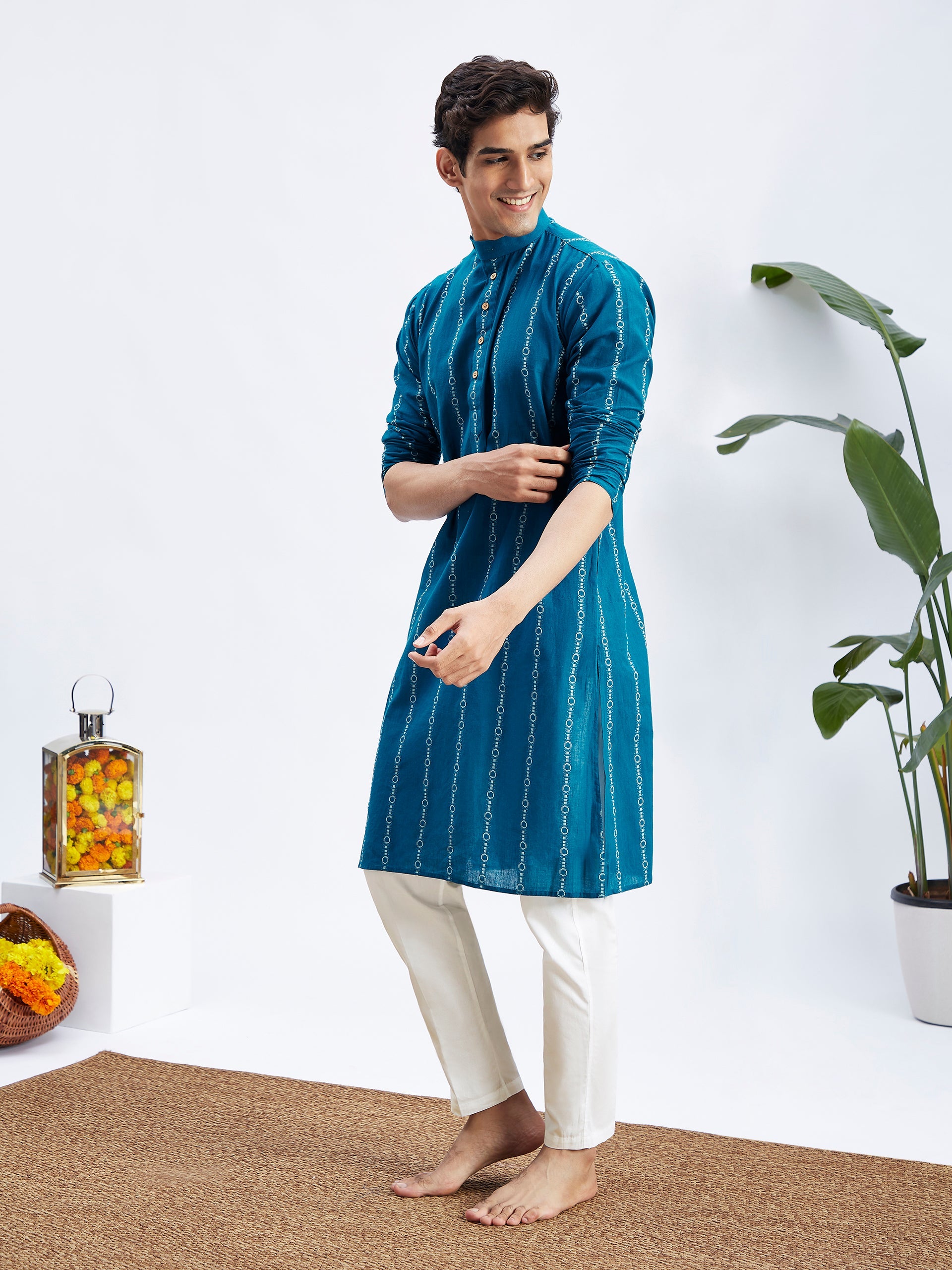 Men's Blue Denim Jacquard Kurta With White Pant Set