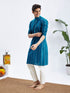 Men's Blue Denim Jacquard Kurta With White Pant Set