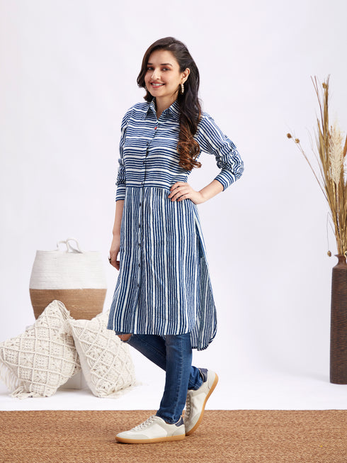 Women's Blue Striped Cotton Shirt Style Kurta