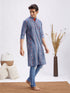 Men's Indigo Printed Cotton Kurta With White Pant Set