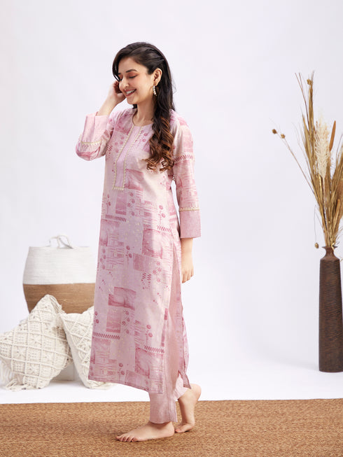 Women's Light Pink Printed Cotton Kurta Pant Set