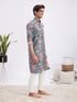 Men's Blue And Red Floral Printed Cotton Kurta With White Pant Set