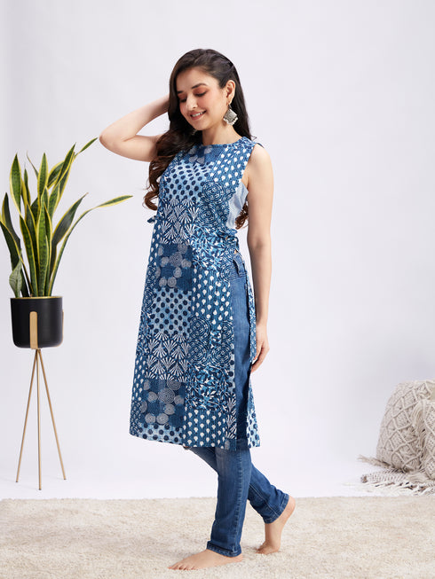 Women's Blue Printed Cotton Tie-Up Kurta