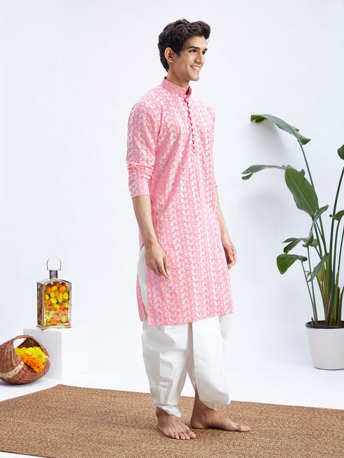 Men's Pink Pure Cotton Chikankari Kurta With Dhoti Set