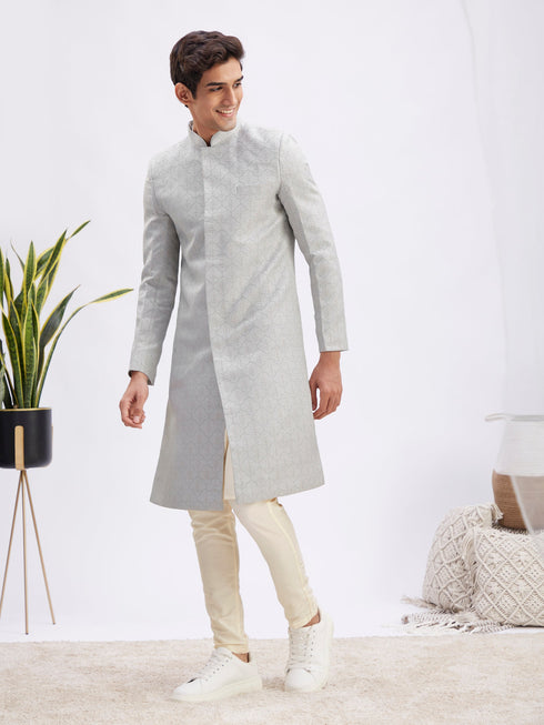 Men's Grey Jaccard Sherwani With Cream Kurta Pant Set