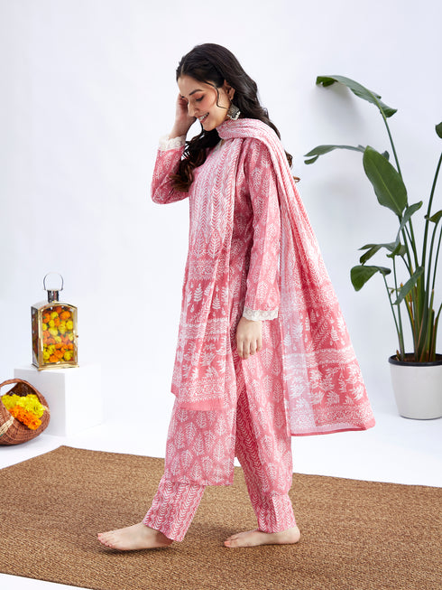 Women's Pink Cotton Kurta Set With Matching Dupatta