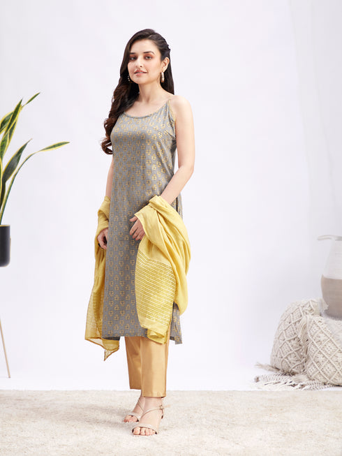 Women's Grey Foil Printed Rayon Kurta Set With Dupatta