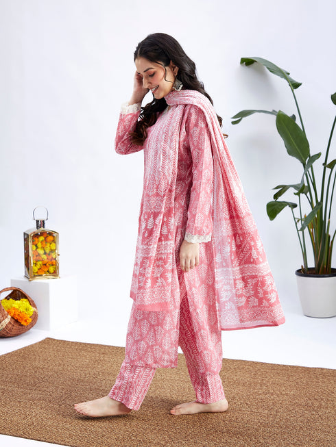 Women's Pink Cotton Kurta Set With Matching Dupatta