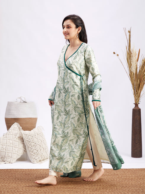 Women's Tropical Print Angrakha Kurta Set With Dupatta