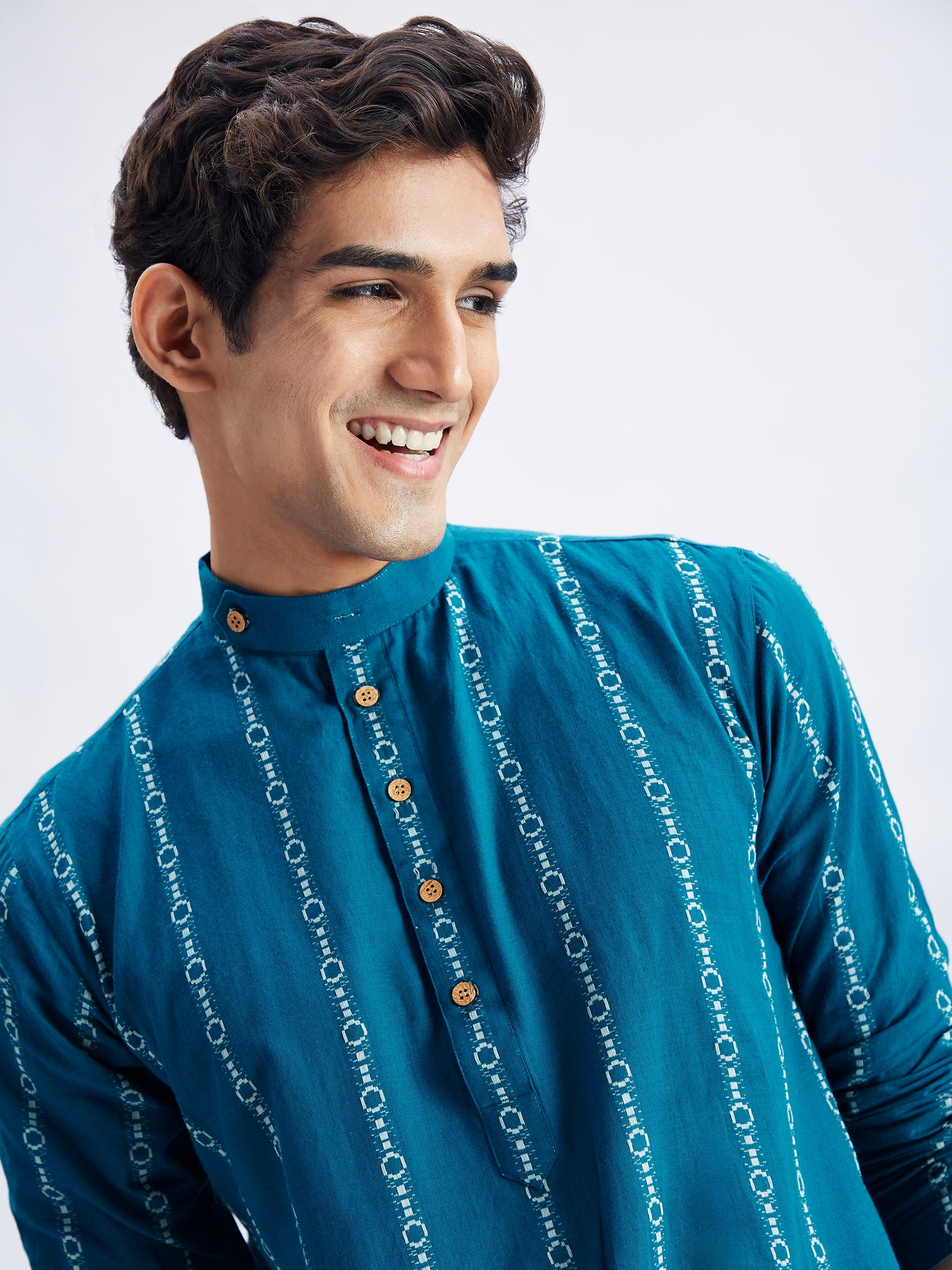 Men's Blue Denim Jacquard Kurta With White Pant Set