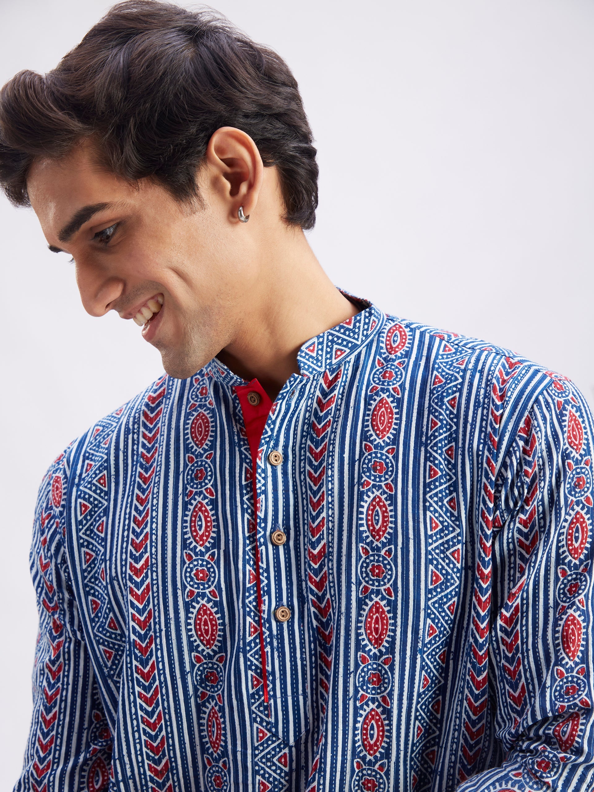 Men's Indigo Printed Cotton Kurta With White Pant Set