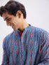 Men's Indigo Printed Cotton Kurta With White Pant Set