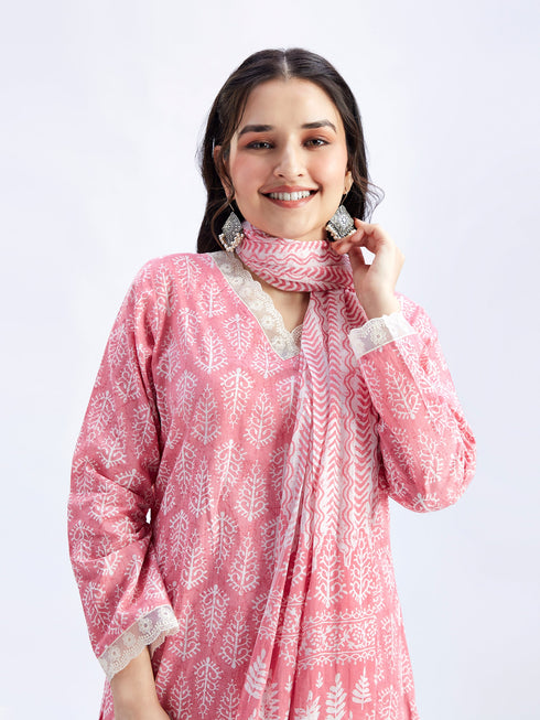 Women's Pink Cotton Kurta Set With Matching Dupatta