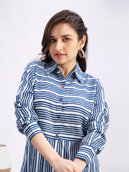 Women's Blue Striped Cotton Shirt Style Kurta