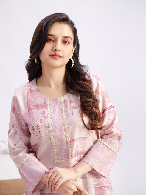 Women's Light Pink Printed Cotton Kurta Pant Set