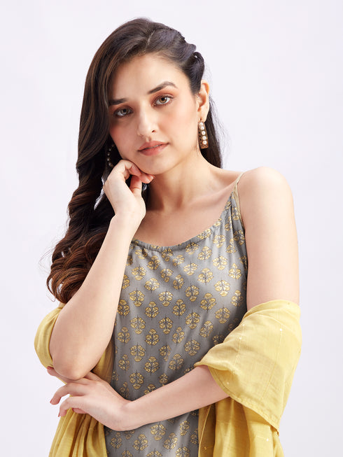 Women's Grey Foil Printed Rayon Kurta Set With Dupatta