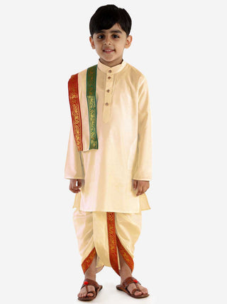 VASTRAMAY Boy's Cream Cotton Kurta Dhoti and Dupatta Set