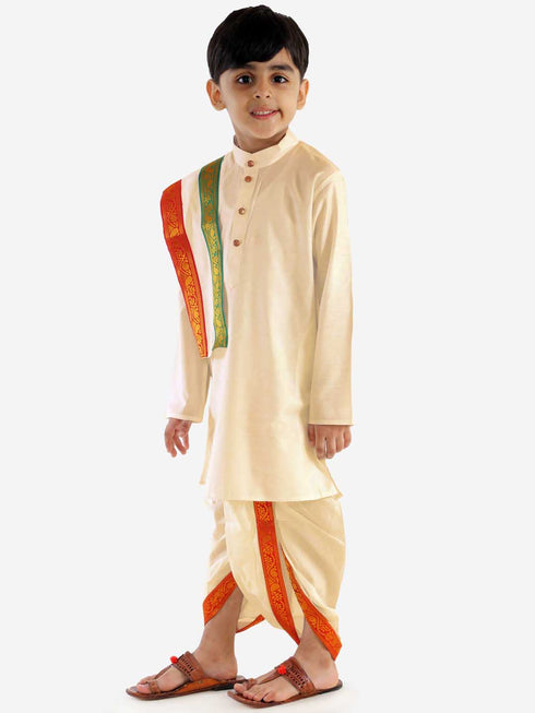 Boy's Cream Cotton Kurta Dhoti and Dupatta Set