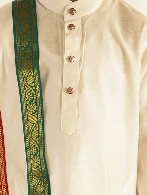 Boy's Cream Cotton Kurta Dhoti and Dupatta Set