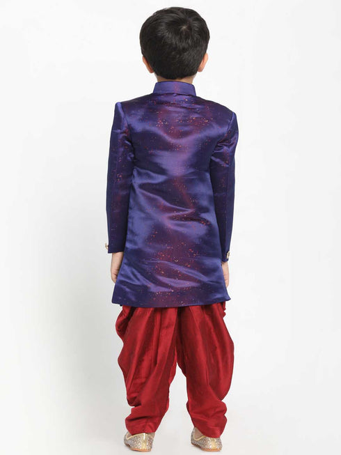 Boy's' Blue And Maroon Silk Blend Indowestern Sherwani And Dhoti Set