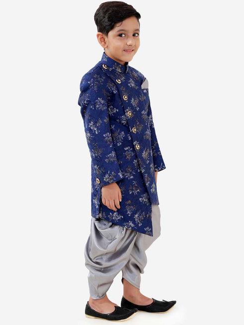Boy's Blue And Grey Angrakha Style Indowestern Sherwani And Dhoti Set